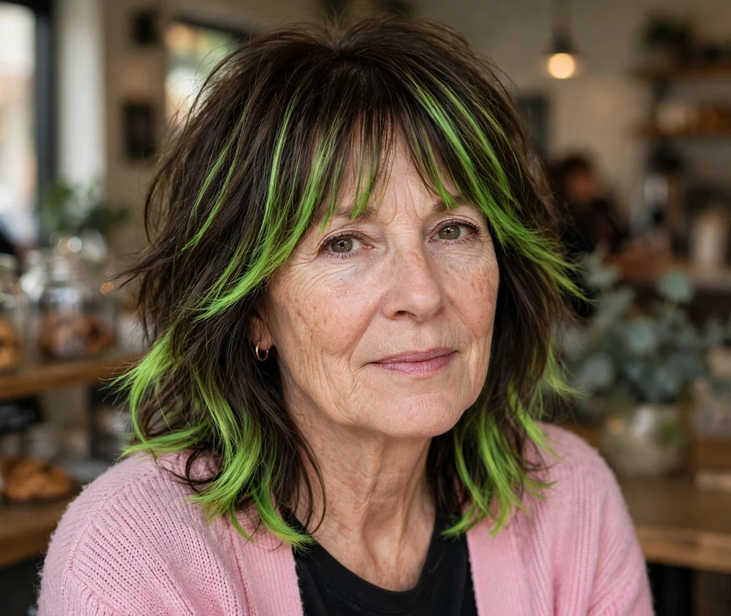 White woman in her late fifties with layered hair and curtain bangs tipped in neon green