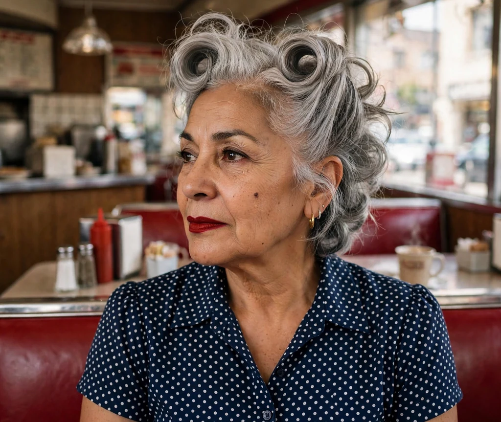 Latina woman in her mid sixties with silver retro pin-up victory rolls and red lipstick