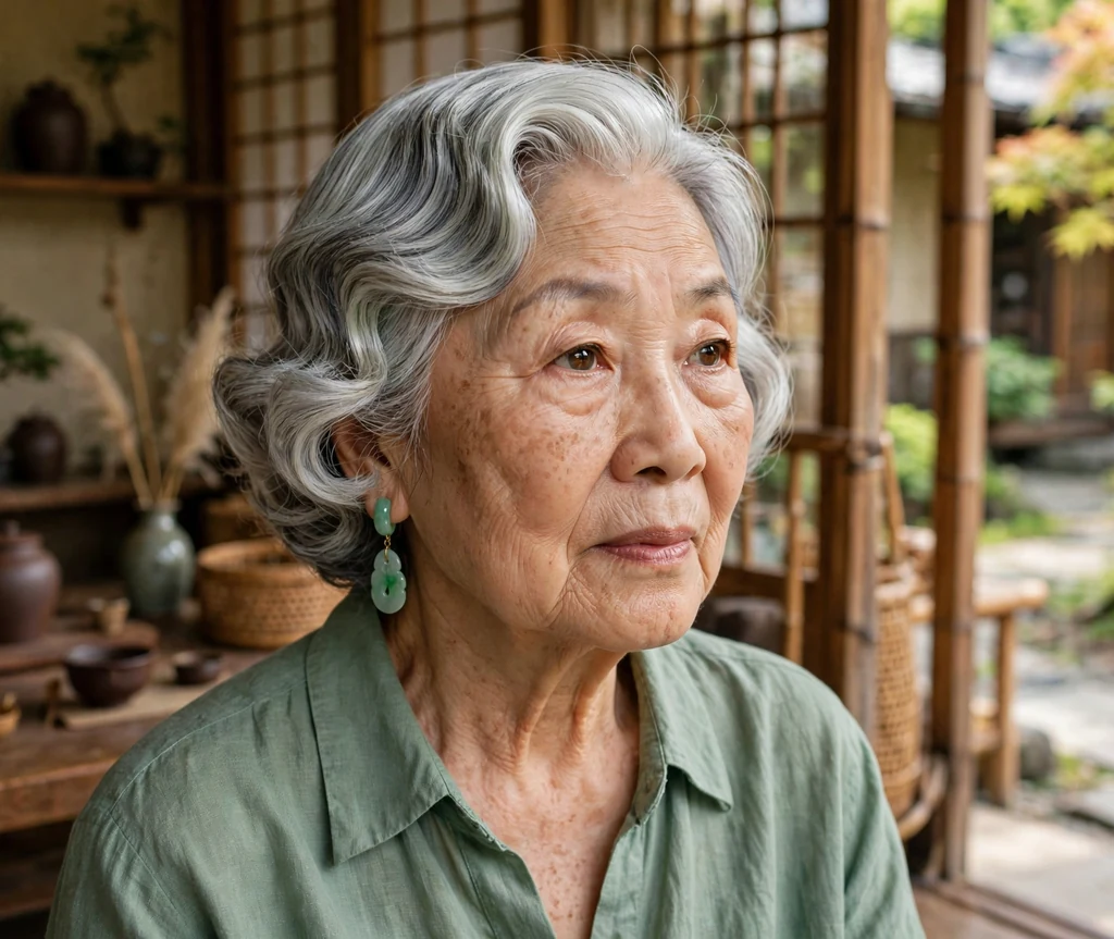 East Asian woman in her early seventies with silver finger waves and a deep side part