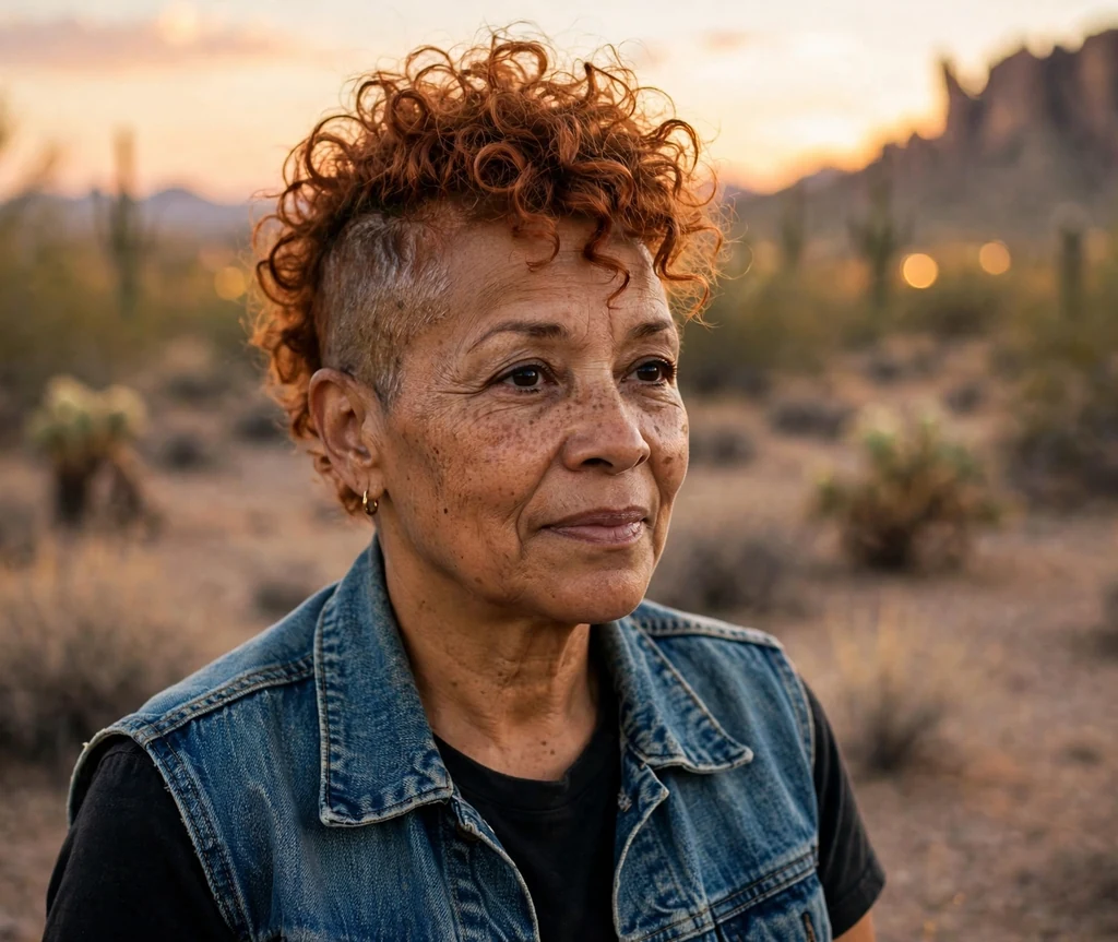Mixed-race woman in her late fifties with a copper curly mohawk with shaved sides
