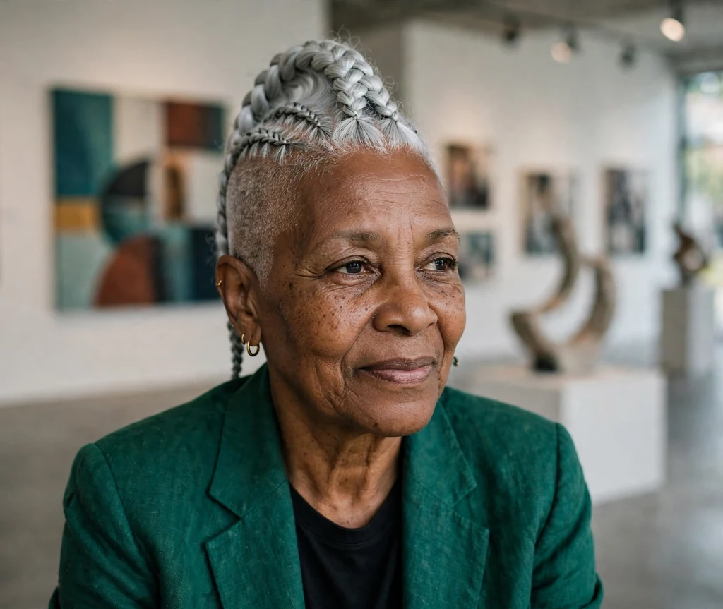Black woman in her early sixties with a silver braided mohawk with shaved sides