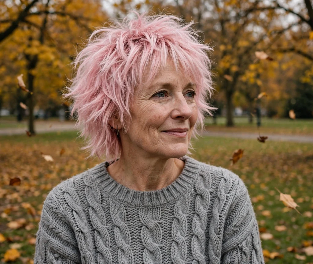 White woman in her mid fifties with a pastel pink shaggy layered haircut