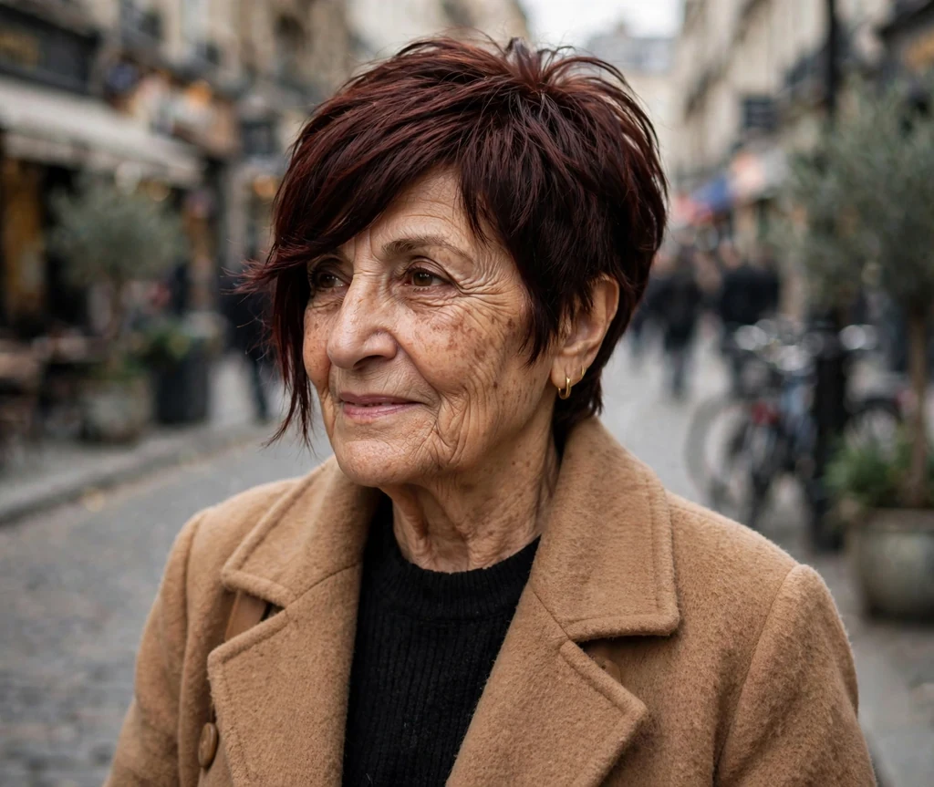 Middle Eastern woman in her late sixties with a dark auburn pixie with long side-swept bangs