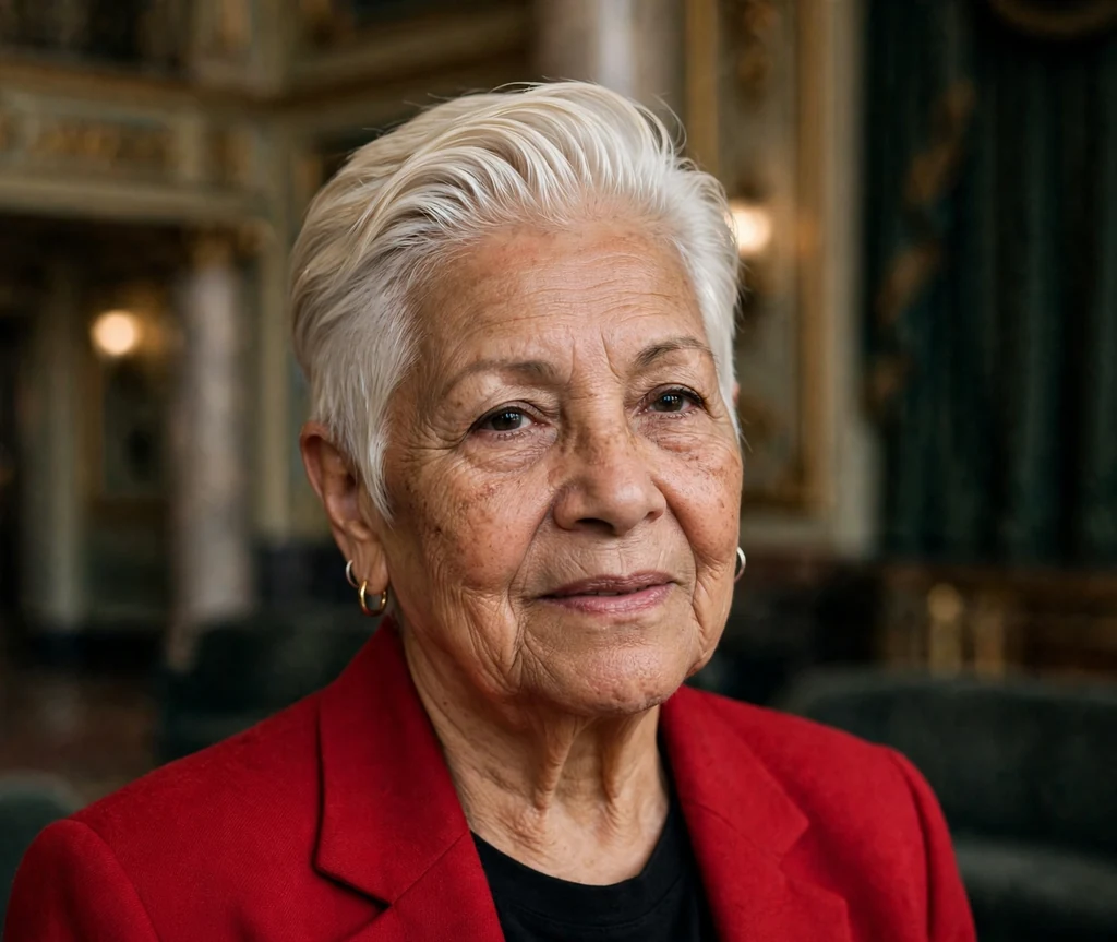 Latina woman in her early seventies with a slicked-back platinum blonde pixie