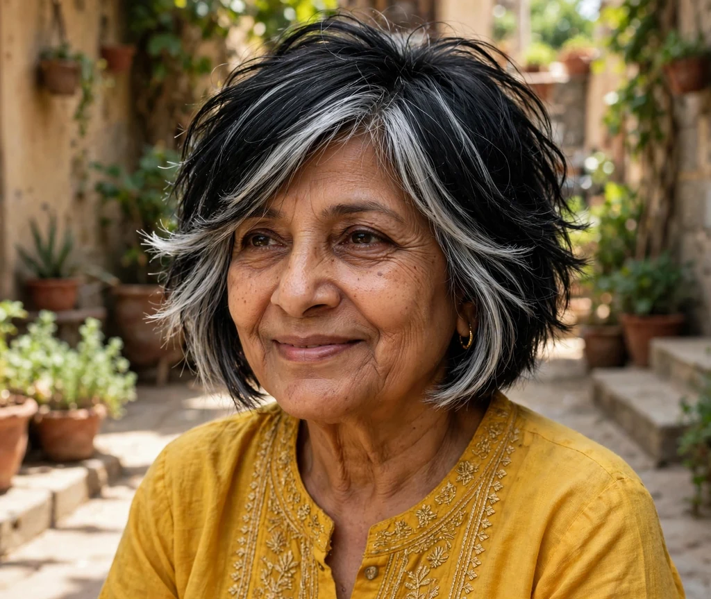 South Asian woman in her late fifties with a layered black bob with silver money-piece highlights