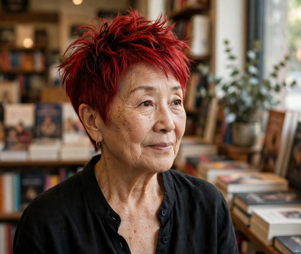 East Asian woman in her mid sixties with a cherry red tapered cut with textured top