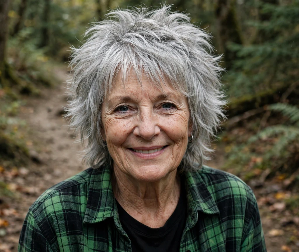 White woman in her early sixties with a silver wolf cut with shaggy layers and wispy fringe