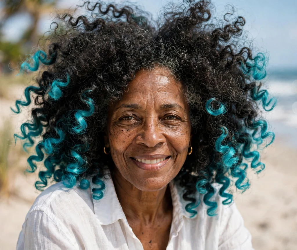 Black woman in her late fifties with natural curls with turquoise dip-dyed ends