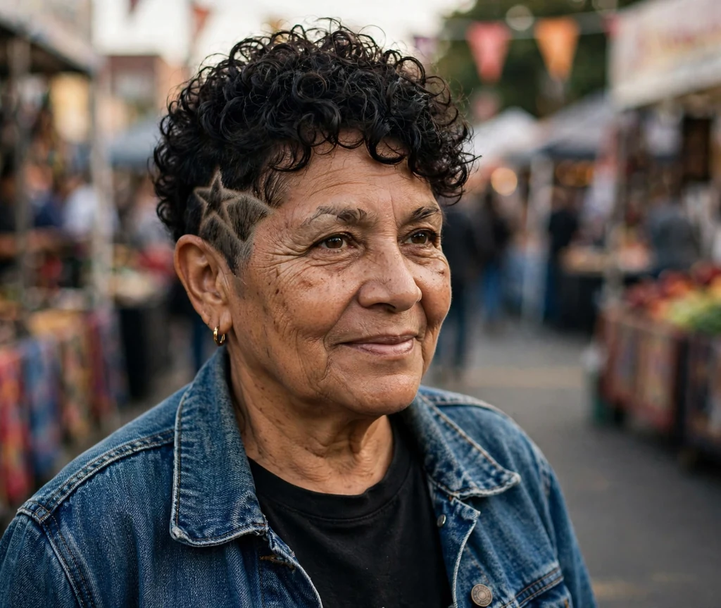 Latina woman in her mid sixties with a curly pixie with a shaved star design on one side