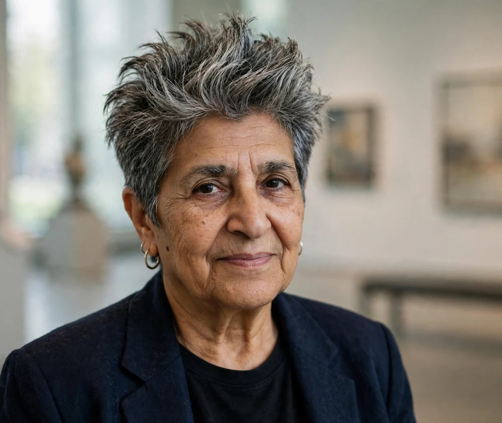 Middle Eastern woman in her early seventies with a salt-and-pepper faux hawk