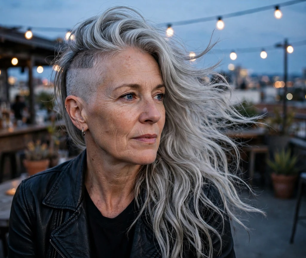 White woman in her late fifties with long silver hair swept to one side over a shaved undercut