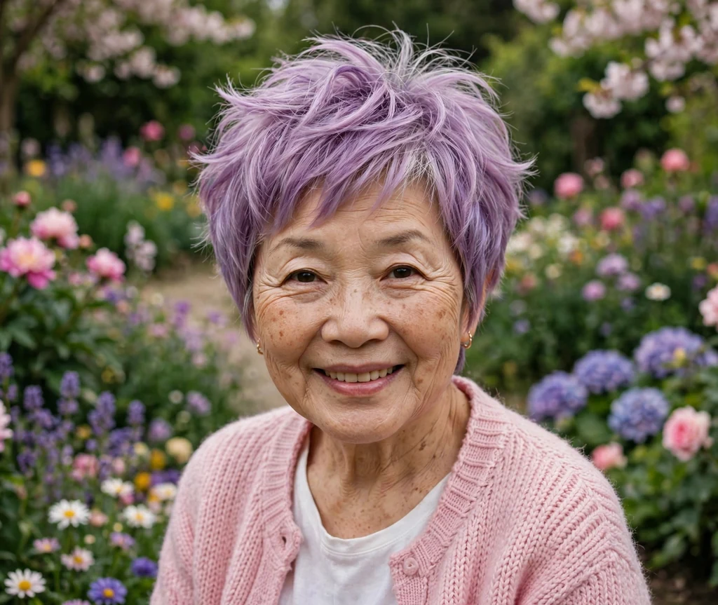 East Asian woman in her early sixties with a lavender-tinted pixie bob with feathered layers