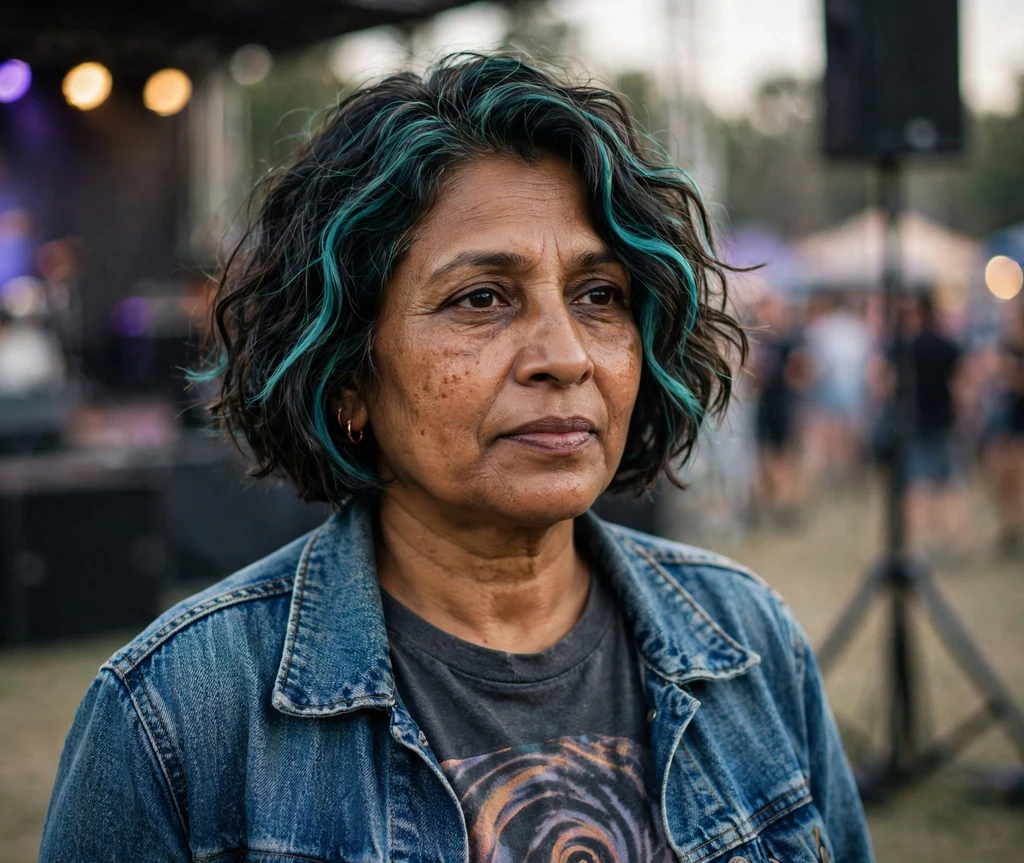 South Asian woman in her mid fifties with a crimped bob with teal streaks