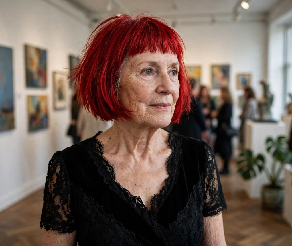 White woman in her mid sixties with a bold cherry red bob with blunt bangs