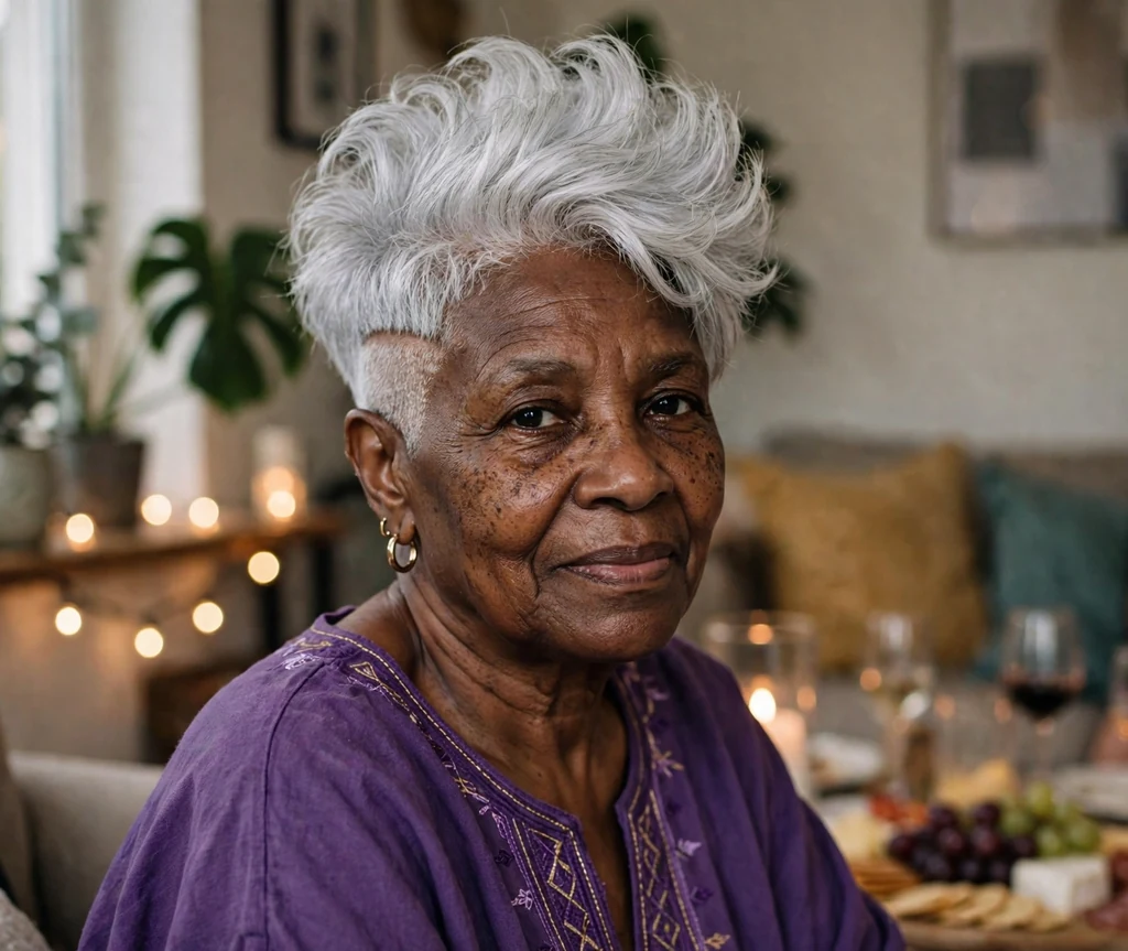Black woman in her early seventies with a long silver top pixie with one side shaved close