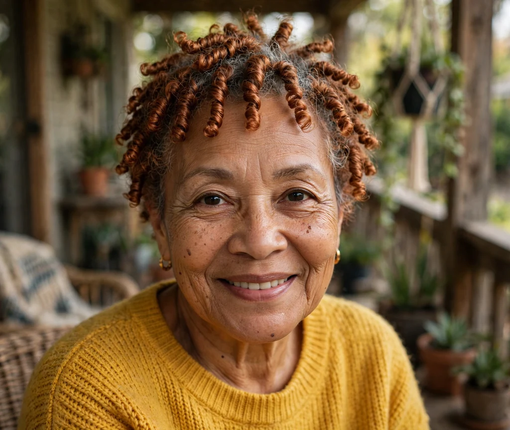 Mixed-race woman in her late sixties with a copper-colored twist-out crop with defined twists