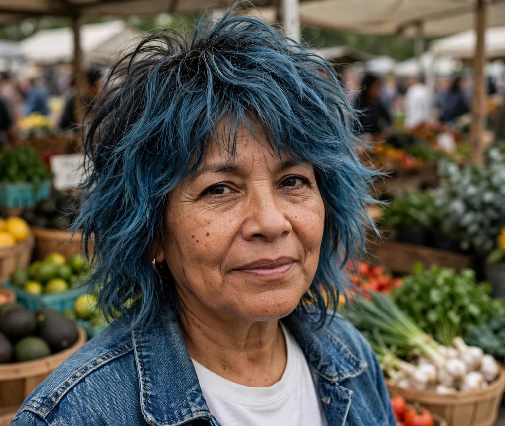 Latina woman in her late fifties with a denim blue balayage shaggy haircut