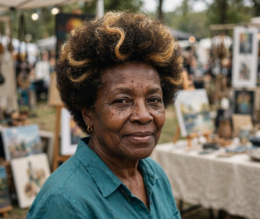 Black woman in her mid sixties with a rounded tapered afro with honey blonde highlights