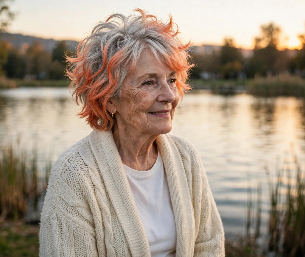 White woman in her early seventies with a sunset ombre lob fading from silver roots to coral ends