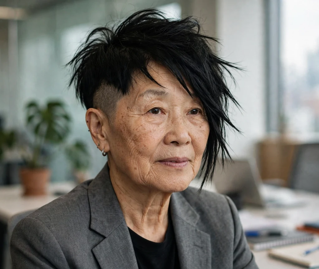 East Asian woman in her late sixties with a black disconnected bob with a shaved nape