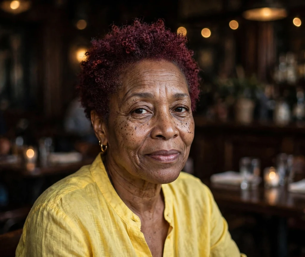 Black woman in her late fifties with a burgundy-tinted teeny weeny afro