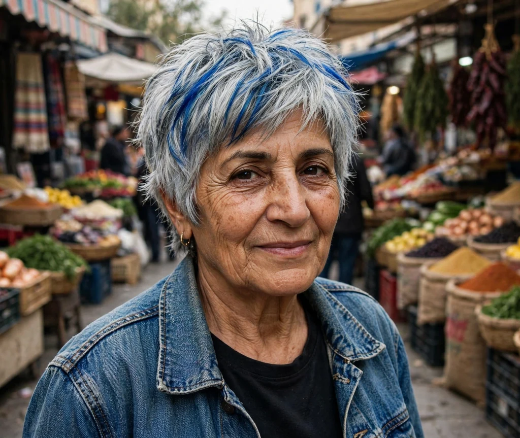 Middle Eastern woman in her mid sixties with a razor-cut silver shag with blue streaks