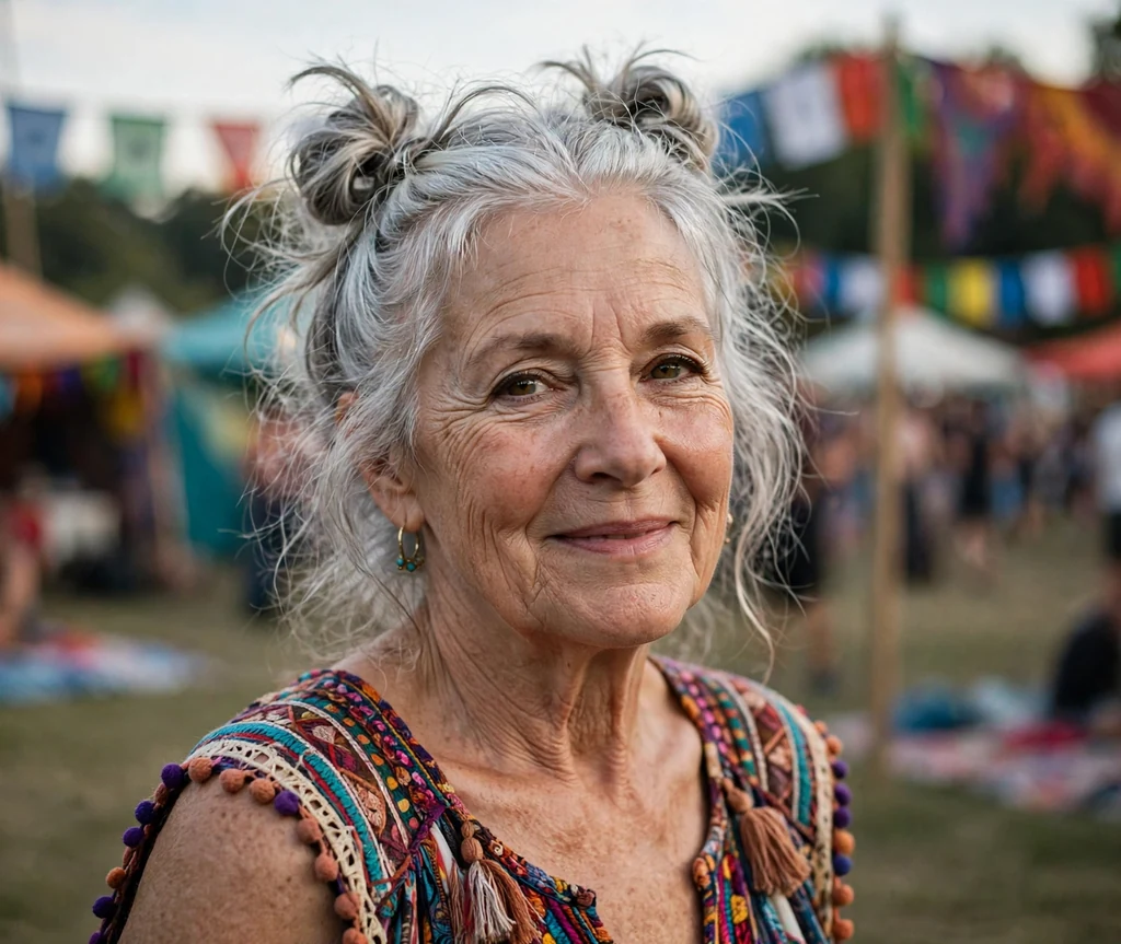 White woman in her late sixties with silver hair in two playful space buns
