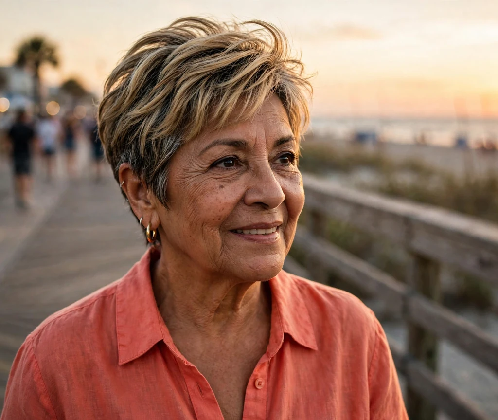 Latina woman in her early sixties with a feathered pixie with blonde highlights swept softly back