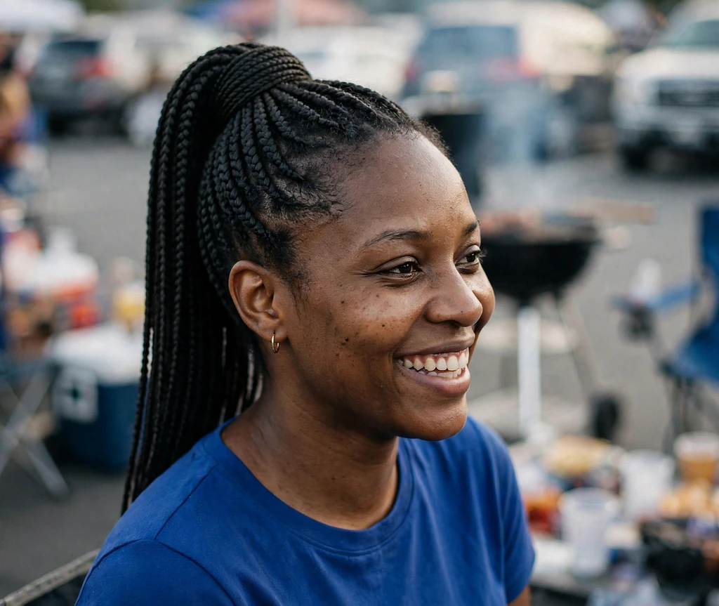 Black woman with box braids in a high sleek ponytail at a tailgate
