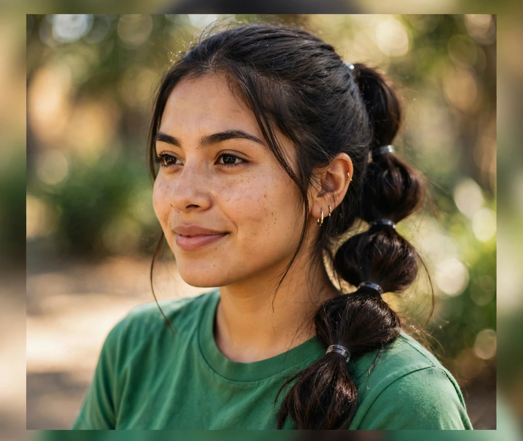 Latina woman with a bubble braid ponytail in a stadium concourse