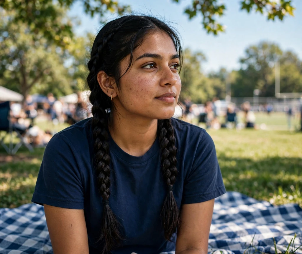South Asian woman with double French braids sitting on a picnic blanket