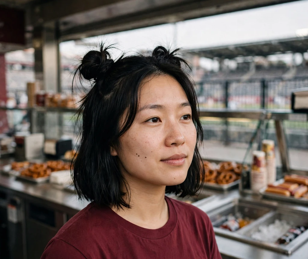 East Asian woman with space buns near a stadium concession area