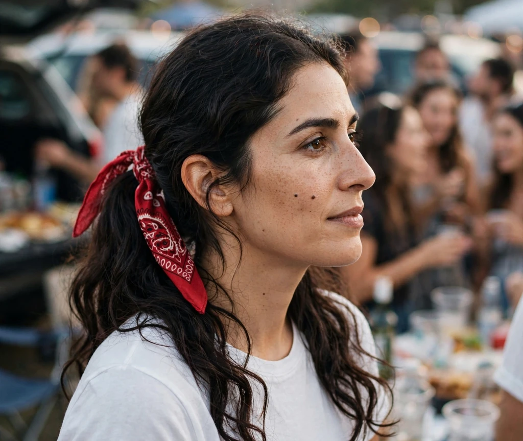 Middle Eastern woman with a low ponytail tied with a red bandana at a tailgate