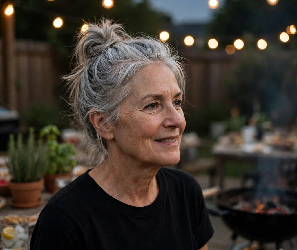 Older woman with a messy top knot at a backyard grill party