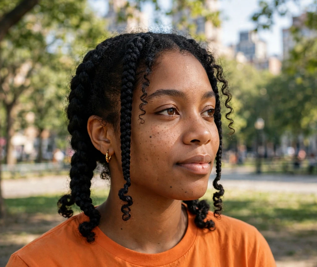 Black woman with boxer braids in a city park on game day