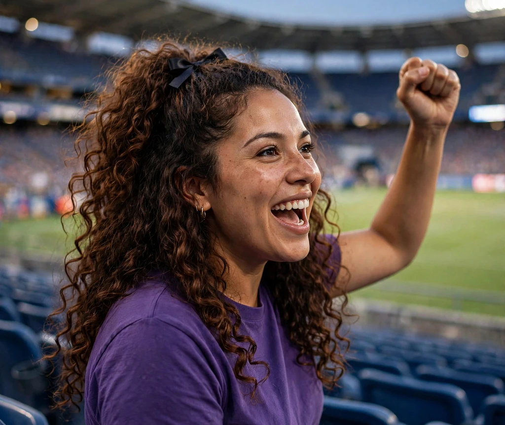 Latina woman with a half-up high ponytail and bow in stadium stands