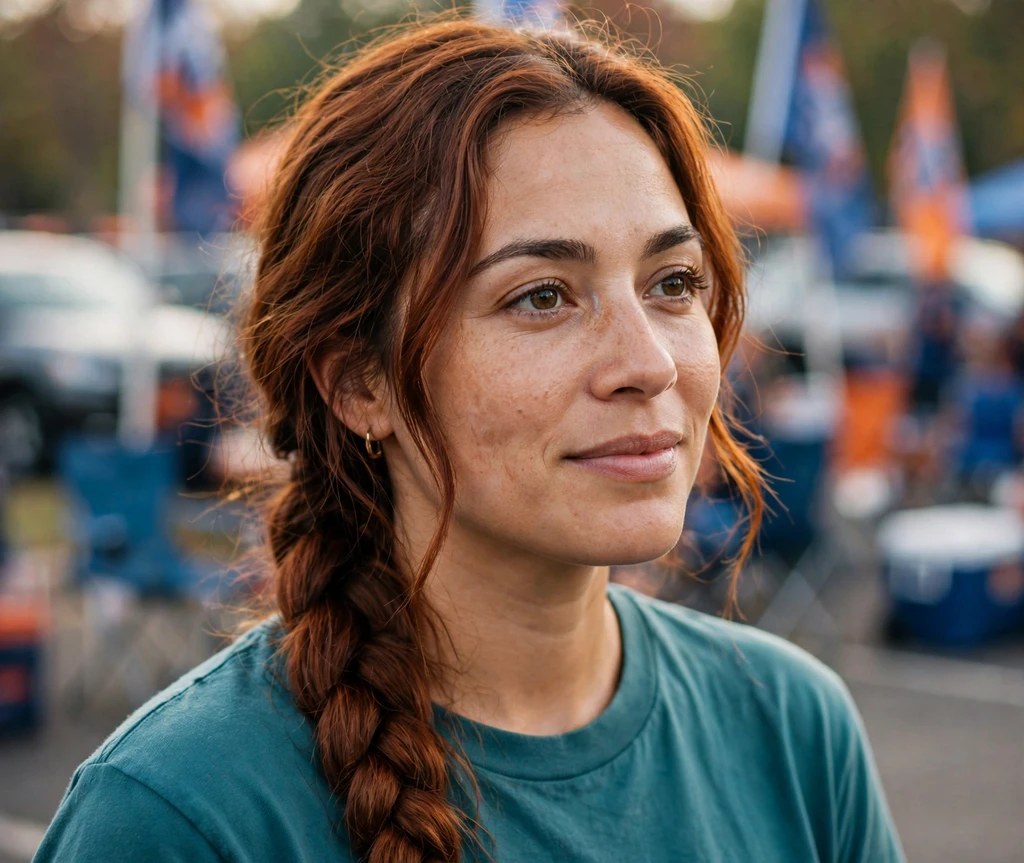 Woman with a side braid ponytail at a tailgate