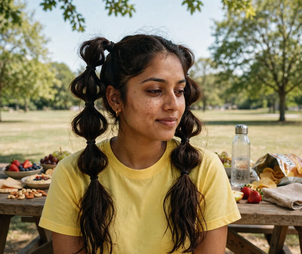 South Asian woman with double bubble pigtails at a picnic table