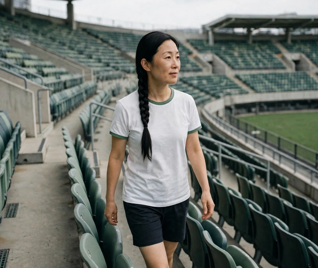 East Asian woman with a fishtail braid walking in a stadium