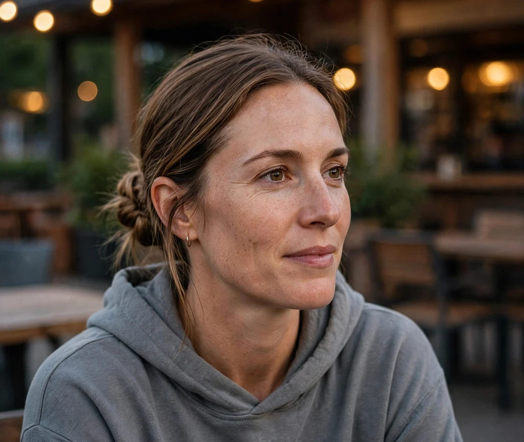 Woman with a low twisted bun on a sports bar patio