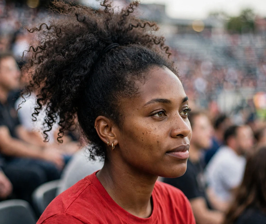 Black woman with a curly high ponytail in a stadium crowd