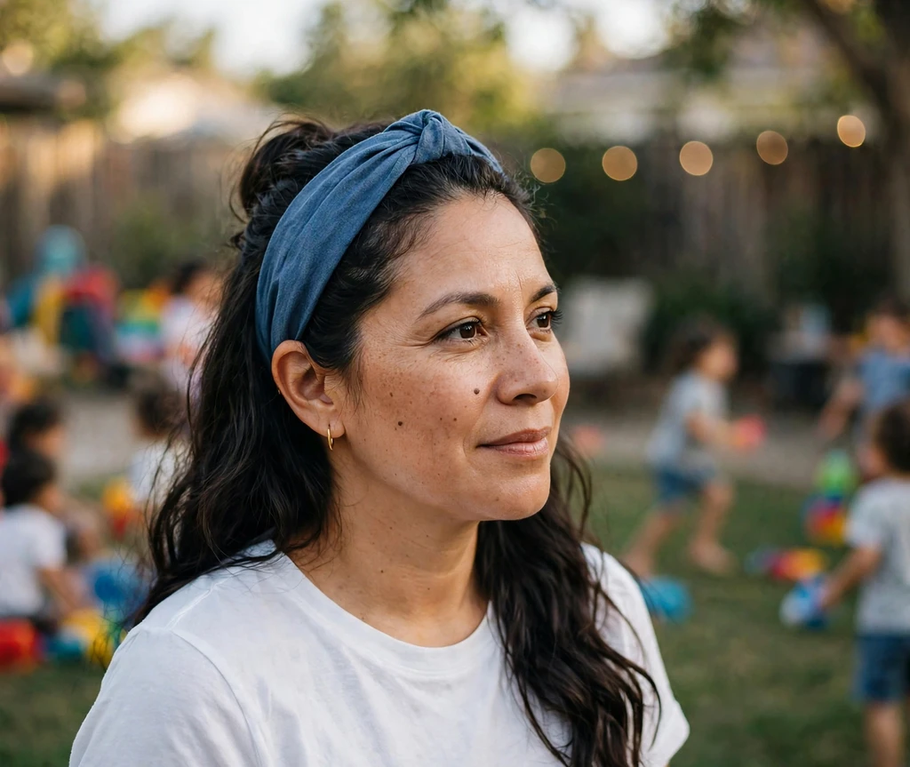 Latina woman with a half-up hairstyle and blue headband at a backyard party