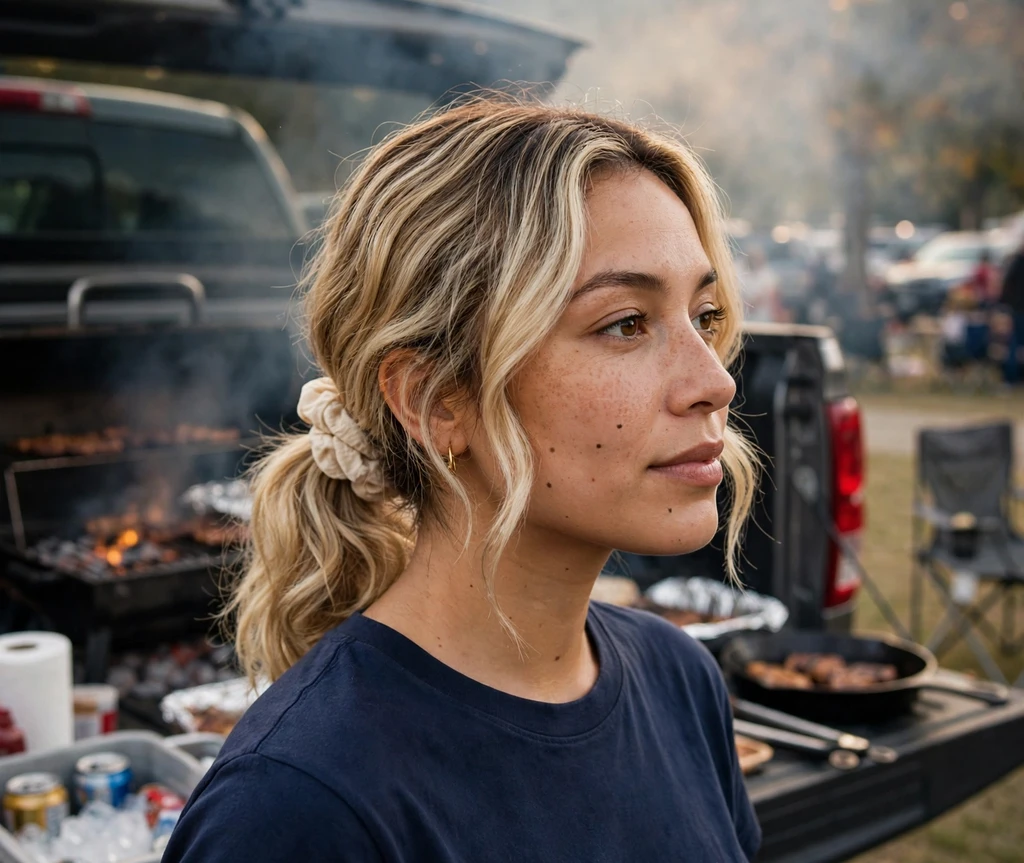 Woman with a scrunchie-wrapped low ponytail near a tailgate grill