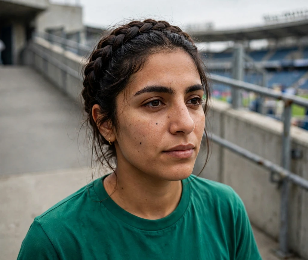 Middle Eastern woman with a braided crown at a stadium entrance