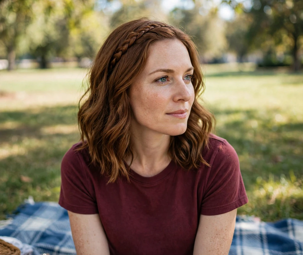 Woman with a braided headband and wavy hair on a picnic blanket