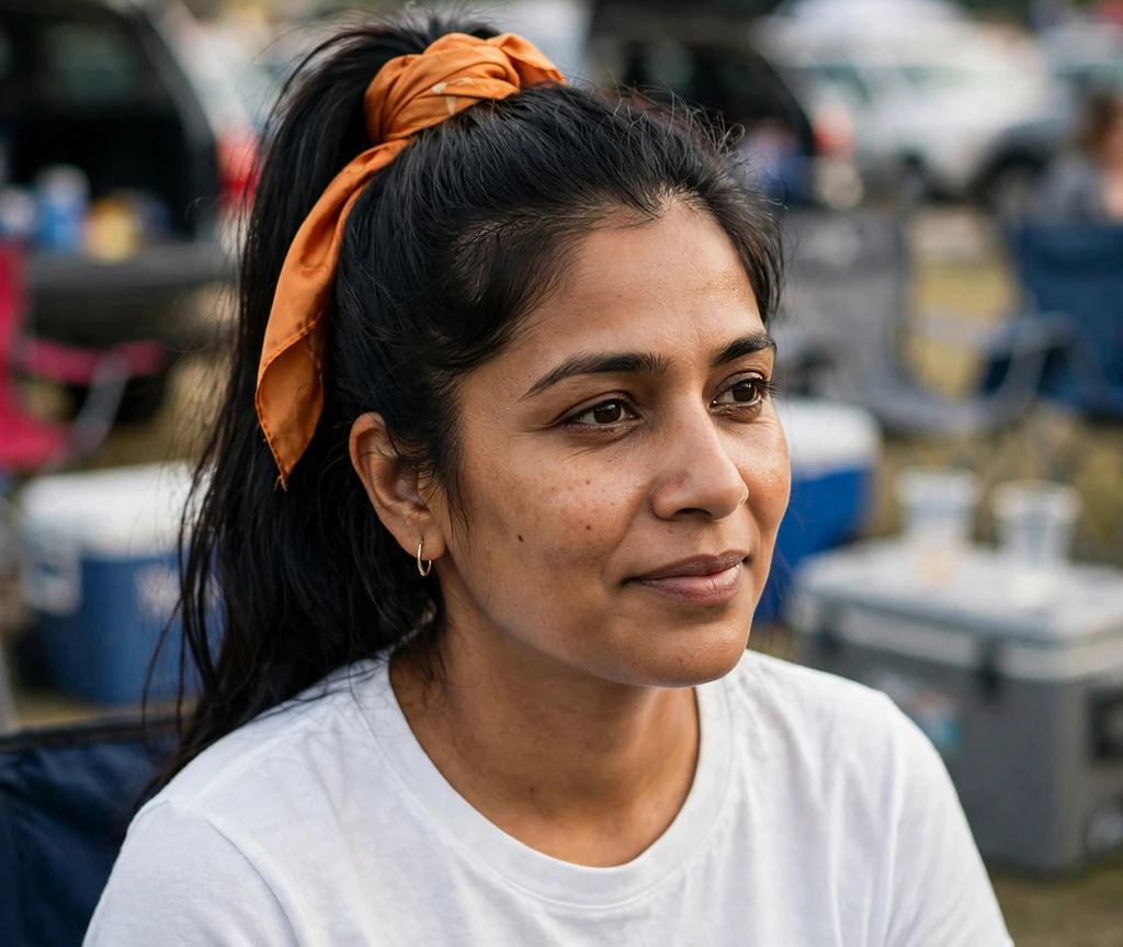 South Asian woman with a high ponytail wrapped in an orange scarf at a tailgate