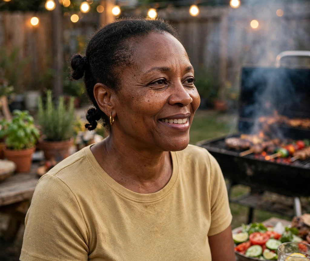 Black woman with twin low space buns at a backyard cookout