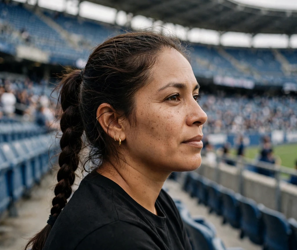 Latina woman with a braided ponytail in stadium stands