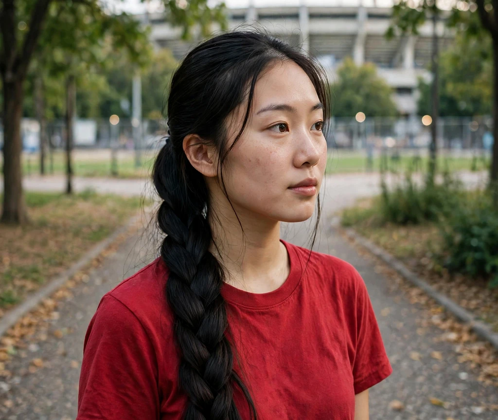 East Asian woman with a rope braid ponytail on a park pathway