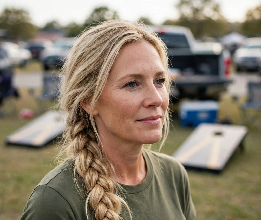 Woman with a chunky side braid at a tailgate